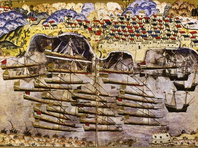 Barbarossas flåte overvintrer i den franske havnen i Toulon, 1543, midten av 1500-tallet av Matrakci Nasuh