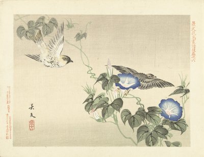 To fugler som flyr forbi blå bindweed Blomster- og fugleskisser fra Keibun - del tre (serietittel) Keibun kacho gafu kohen (serietittel på objekt) av Matsumura Keibun