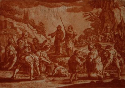 Israelittene som samler Manna, illustrasjon fra en bibel, gravert av Gabriel Bodeneer (1673-1766) (sepiagravering) av Mattaus II (after) Merian