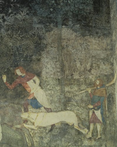Menn på jakt med hunder, detalj av dekorativt oppsett fra La Chambre du Cerf Stag Room 1347 fresco av Matteo Giovanetti