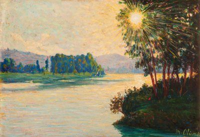 Rising sol på elven (olje på panel) av Matteo Pietro Olivero