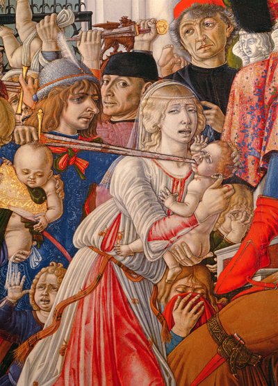 The Massacre of the Innocents, detalj av en soldat som gjennomborer en baby med sverdet sitt, 1482 tempera på paneldetalj av 106233 av Matteo di Giovanni di Bartolo