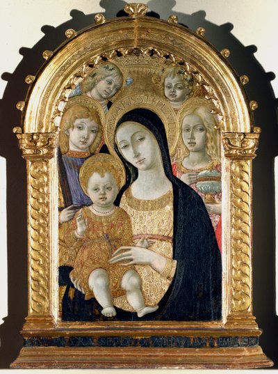 Jomfru med Jesus-barn, Saint Michael, Saint Mary Magdalene (maleri på tre av Matteo di Giovanni di Bartolo