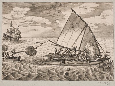 Nederlandsk fangstskip med ville mennesker og barn av Matthäus Merian d.Æ.