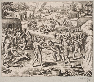 Når de fanger en av fiendene deres, blir de på barbarisk og umenneskelig måte henrettet og spist av Matthäus Merian d.Æ.