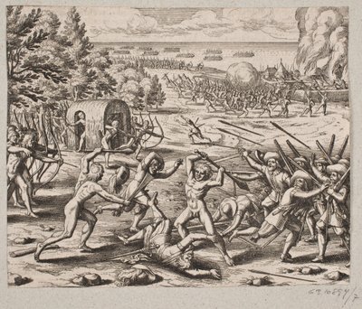 Så snart de ankom villmennenes bosetting, så Mr. Saint. John 300 Karibien av Matthäus Merian d.Æ.