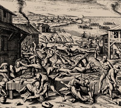 Powhatan-angrep 22. mars 1622, 1628. av Matthaus the Elder Merian