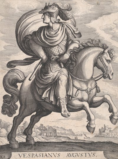 Keiser Vespasian til hest, fra serien De første tolv romerske keiser, plate 1..., 1610-50. av Matthaus Merian