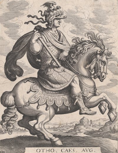 Plate 8: Keiser Otho til hest, fra 'De første tolv romerske keiser', etter Tempes..., 1610-50. av Matthaus Merian