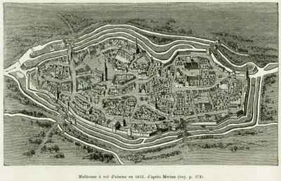 Mulhouse flyr i 1642. Gravering av Matthaus Merian (1593-1650) for å illustrere historien A Through Alsace and Lorraine, av Charles Grad, tysk deputert, i 1885, i tour du monde 1886, regissert av Edouard Charton (1807-1890) , Hachette, Paris. av Matthaus the Elder (after) Merian