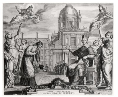 Robert de Sorbon (1201-94) og kardinal Richelieu (1575-1642) foran Sorbonne, gravert av Gregoire Huret (1606-70) 1639 av Matthaus the Elder Merian