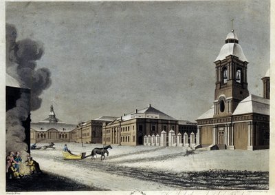 Arsenalet og kanonstøperiet i St. Petersburg. (Arsenalet og kanonstøperiet i Petersburg). Beskrivelse av bygninger midt på vinteren, med sleder som glir på snøen og en gruppe individer som varmer seg rundt et bål. Arbeid av Matthew Dubourg