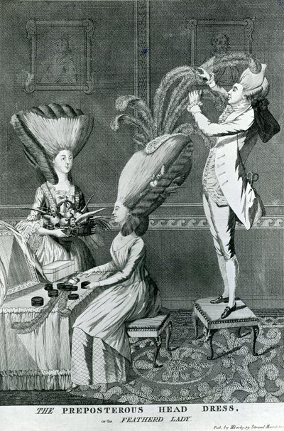The Preposterous Head Dress, or the Feather Lady, 1776 av Matthew or Matthias Darly