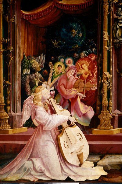 Altertavle av Issenheim (eller Isenheim): "" La Nativite"" Detalj av konserten til Angels-musikere. Engelen i midten spiller gamba-bratsj. Paneler av Mathis Neithardt Gothardt dit Matthias Grunewald (1480-1528) (ec.all.) 1512-1516 Dim. 265x304 cm Kol av Matthias (c.1480 1528) Grunewald
