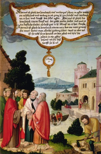 Himmelriket er som et nett, som ble kastet i havet og samlet fisk av alle slag (Matteus 13) illustrasjon av Kristi lære, del av vingepanelet fra Mompelgarter-altertavlen av Matthias Gerung or Gerou