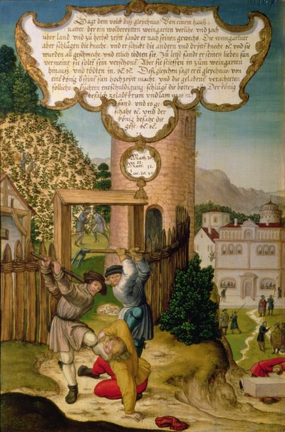 Vingårdsmennene dreper arvingen til vingårdseieren, og illustrerer Kristi lære 'Stenen som bygningsmennene forkastet er hjørnesteinen', del av vingepanelet fra Mompelgarter-altertavlen (panel) (se også 72465-79) av Matthias Gerung or Gerou
