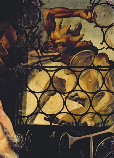 Djevelen angriper vinduet, detalj fra St. Antonius Eremitten fra Isenheim-altertavlen, ca. 1512-16 av Matthias Grünewald