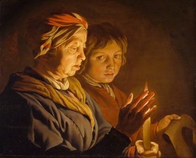Gammel kvinne og en gutt ved levende lys, 1630-1650 av Matthias Stomer