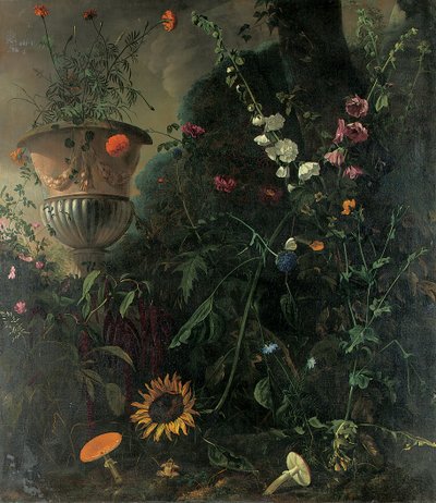 Stokroser, roser, en blåblondeblomst, solsikke og paddehatter, med ringblomster i en urne ved et tre av Matthias Withoos