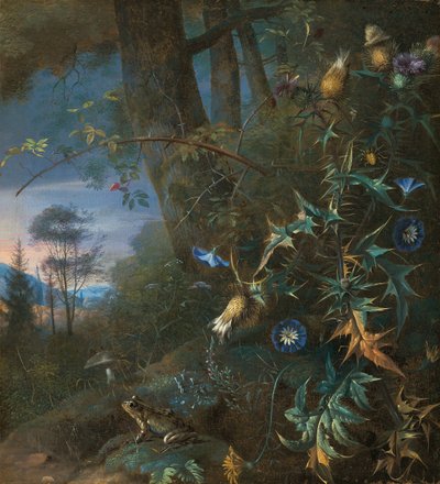 skogbunn stilleben med en frosk og en sopp, fjell bortenfor av Matthias Withoos