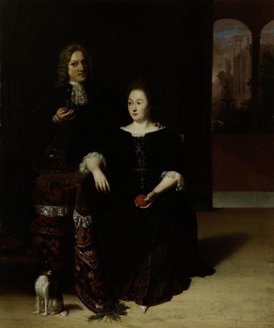 Portrett av en kvinne og en mann i et interiør av Matthias Wulfraet