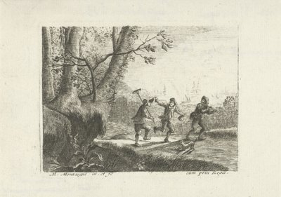 Landskap med tre dansende bønder av Matthieu van Plattenberg