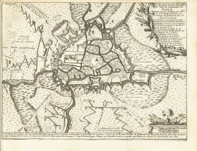 Beleg van Gent, 1708 Kart over beleiringen og angrepene av byen og citadellet i Gent Beleiret av de allierte hærene den 22. desember 1708 under ledelse av prinsen og hertugen av Marlborough (tittel på objektet) av Matthijs Pool (possibly)