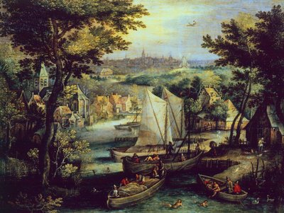 Elvelandskap, av Mathys Bril Younger (1550-1583), olje på kobber av Matthijs the younger Bril