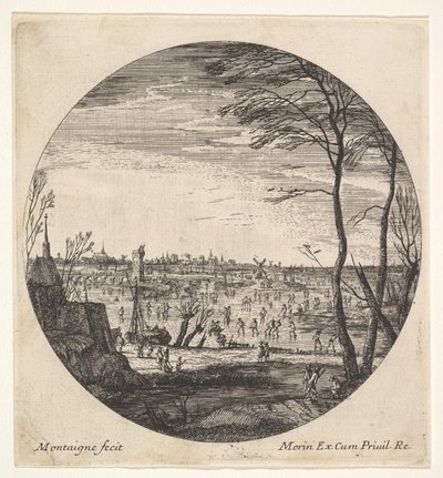 Vinterlandskap med kunstløp på en frossen vannmasse i en rundelkomposisjon..., ca. 1625-60. av Matthijs van Plattenberg