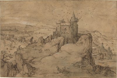 Landskap med slott over en havn av Matthys Cock