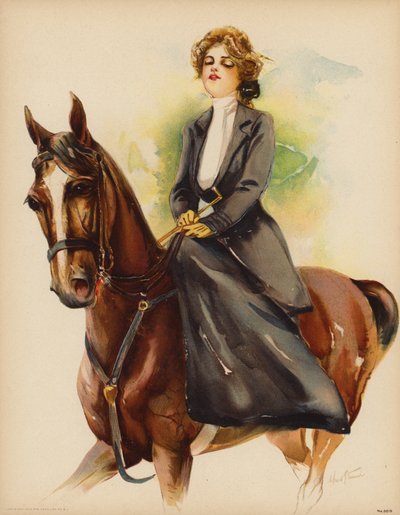 Portrett av en kvinne som rir på en hest (farge litho) av Maud Stumm