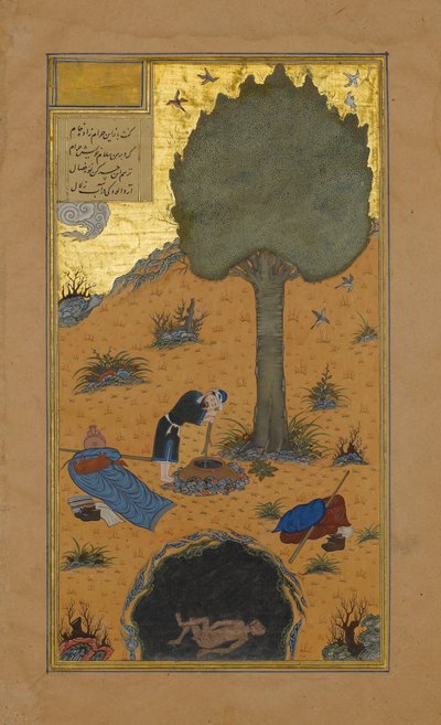 Hvordan en braggart ble druknet i en brønn, Folio 33v fra en Haft Paikar..., ca. 1430. av Maulana Azhar