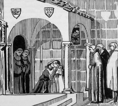 Fransk kong Saint Louis (Louis IX 1214-1270) som pilegrim på besøk til Saint Frere Gilles i Perugia, gravert av Jacques Beltrand etter tegning av Maurice Denis av Maurice (after) Denis