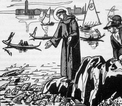 Den hellige Frans av Assisi forkynner for fiskene i Rimini, gravert av Jacques Beltrand etter tegning av Maurice Denis av Maurice (after) Denis