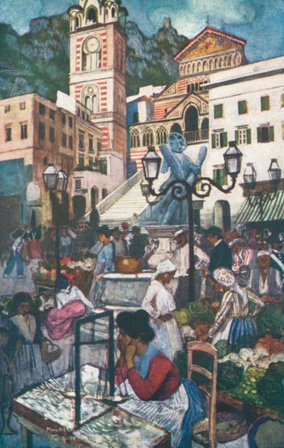 Amalfi, Piazza og Duomo (fargelitografi) av Maurice (after) Greiffenhagen