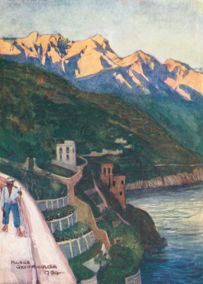 Minori ved solnedgang (fargelitografi) av Maurice (after) Greiffenhagen