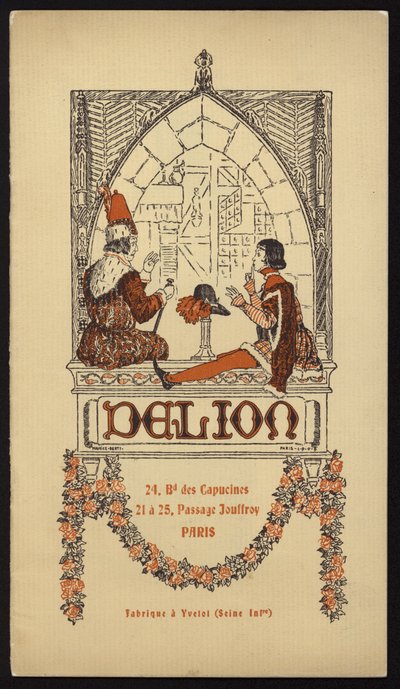 Omslagsillustrasjon for hattekatalog utgitt av Delion, Paris, i 1908 (litho) av Maurice Berty