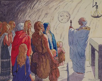 Religiøs konvertering av gallerne, ca. 1920-29 (penn og blekk og akvarell på papir) av Maurice Berty