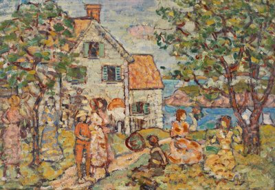 Strand og to hus av Maurice Brazil Prendergast