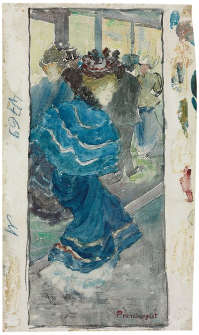 Elegant kvinne i en blå kjole, ca. 1893-94 av Maurice Brazil Prendergast