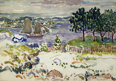 Innløp med seilbåt, Maine, ca. 1913-1915. av Maurice Brazil Prendergast