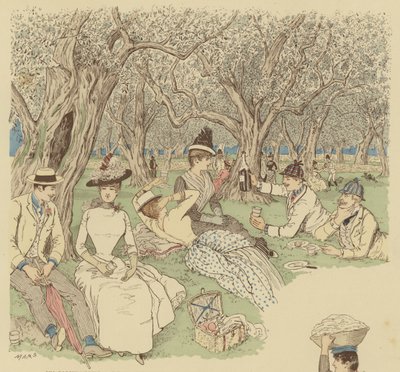 En piknik under oliventrærne ved Beaulieu i Sør-Frankrike (farge litho) av Maurice Charles Mathieu Bonvoisin
