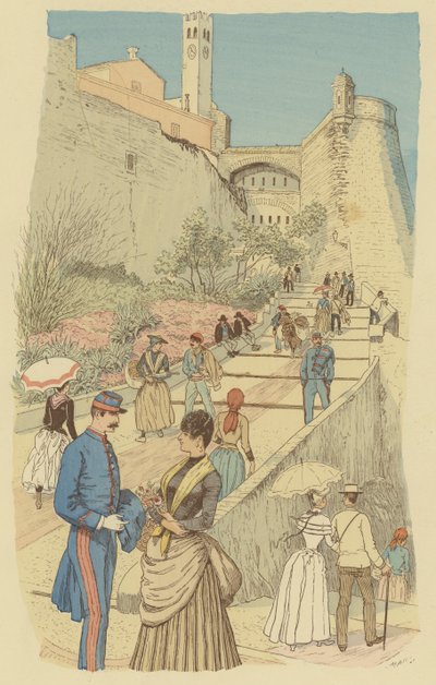 Folk som går på den store trappen ved det kongelige palasset, Monaco. (farge litho) av Maurice Charles Mathieu Bonvoisin