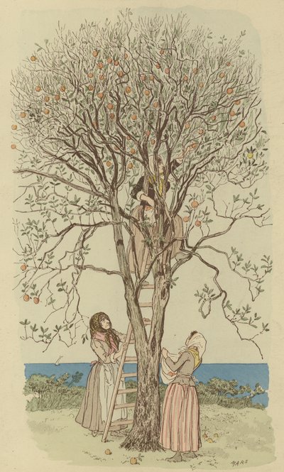 Plukke appelsiner ved Middelhavet (farge litho) av Maurice Charles Mathieu Bonvoisin