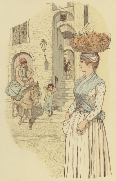 Gateliv i de trange smugene i gamlebyen i San Remo, Italia. (farge litho) av Maurice Charles Mathieu Bonvoisin