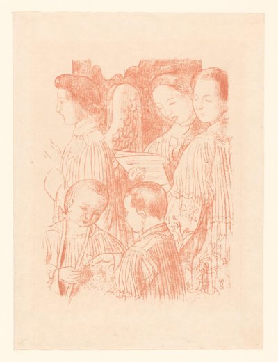 Tre syngende engler og to korgutter under den hellige messe Fragment d'une décoration d'église av Maurice Denis