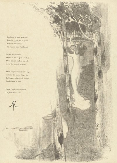 Illustrasjon med en naken kvinne som står mellom trærne ved en innsjø med diktet Petit Air av Stéphane Mallarmé Illustrasjon for sonetten Petit Air de Stéphane Mallarmé L