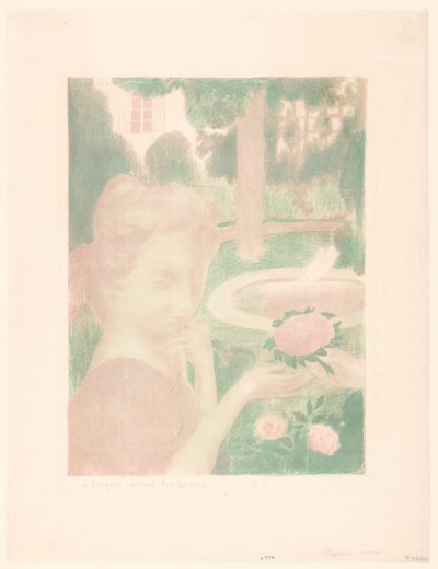 Ung kvinne mottar blomsterbukett i en hage Le bouquet matinal, les larmes... (tittel på objekt) Representasjoner av kjærlighet (serietittel) Amour (serietittel) av Maurice Denis