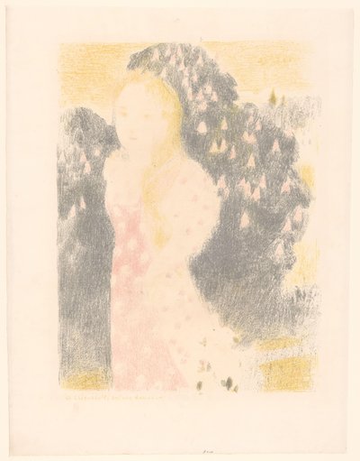 Jente foran en blomstrende busk Les crépuscules ont une douceur (tittel på objekt) Representasjoner av kjærlighet (serietittel) Amour (serietittel) av Maurice Denis