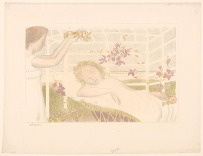 Sovende jente får blomsterkrans Allegori (tittel på objekt) Representasjoner av kjærlighet (serietittel) Amour (serietittel) av Maurice Denis